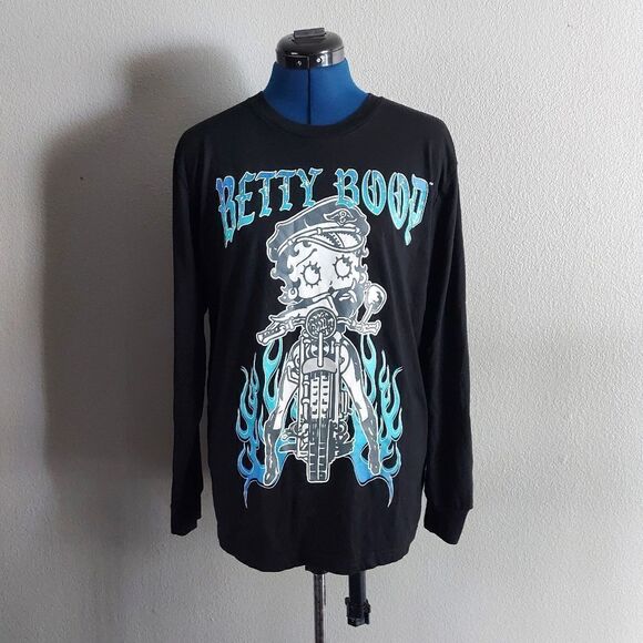 Unisex Betty Boop Blue Flame Motorcycle Long Sleeved Shirt Size Medium - Picture 1 of 6